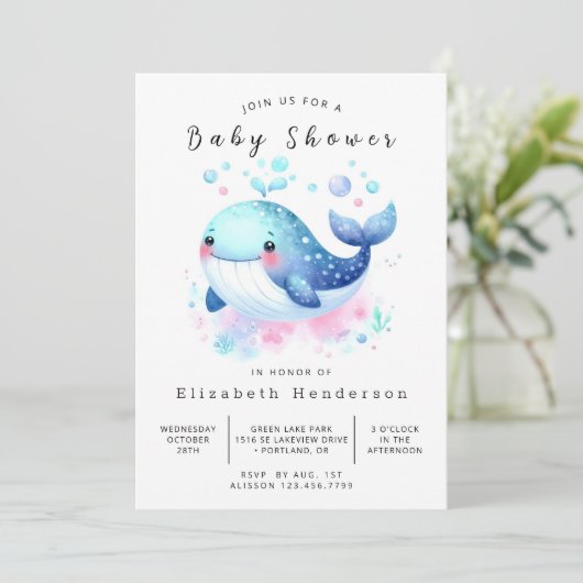 pastel custom whale Baby shower Kaart (Staand voorkant)