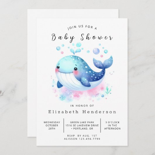 pastel custom whale Baby shower Kaart (Voorkant / Achterkant)