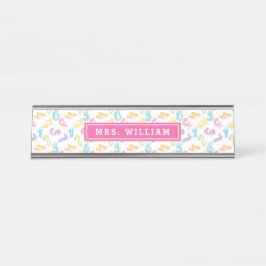 Pastel Cute Nummers Doodle Roze Docent Naam Bureau Naambordje