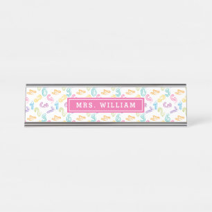 Pastel Cute Nummers Doodle Roze Docent Naam Bureau Naambordje