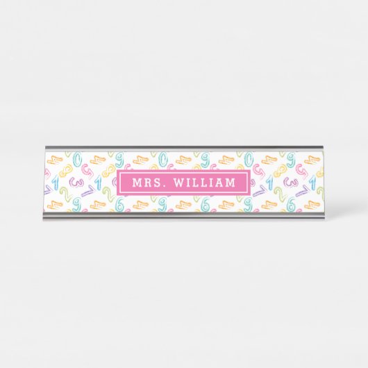 Pastel Cute Nummers Doodle Roze Docent Naam Bureau Naambordje (Voorkant)