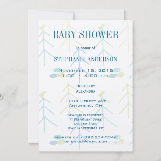 Pastel Cute Pines Bird Baby Boy Shower Invitations Kaart (Voorkant)