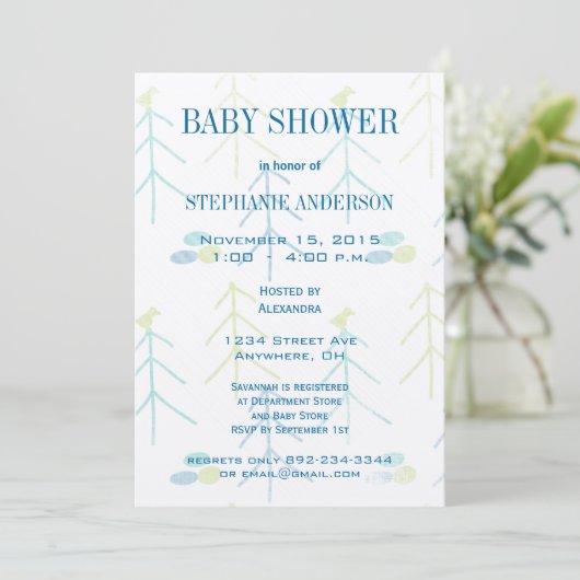 Pastel Cute Pines Bird Baby Boy Shower Invitations Kaart (Staand voorkant)