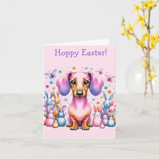 Pastel Dachshund Pasen Kaart (Gele Bloem)