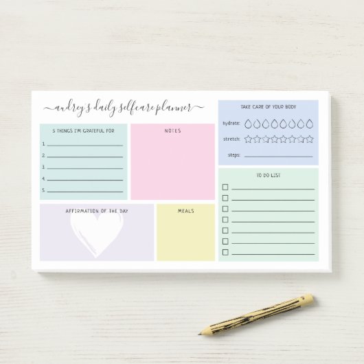 Pastel dagelijkse zelfzorg planner post-it® notes (Op bureau)