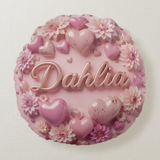 Pastel Dahlia Bloem Kunst met Harten Rond Kussen (Voorkant)