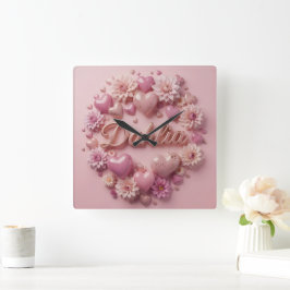 Pastel Dahlia Bloem Kunst met Harten Vierkante Klok