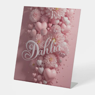 Pastel Dahlia Bloem Muur Kunst met Harten Reclamebord Met Voetstuk