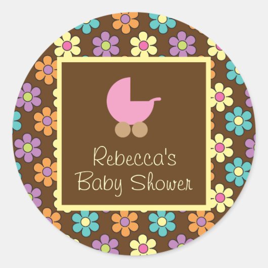 Pastel Daisy Pattern Bruin met Roze Baby Carriage Ronde Sticker (Voorkant)