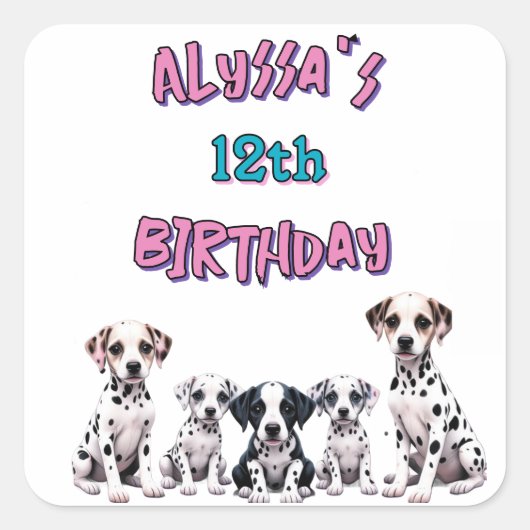 Pastel Dalmatian Dogs Birthday Party Vierkante Sticker (Voorkant)