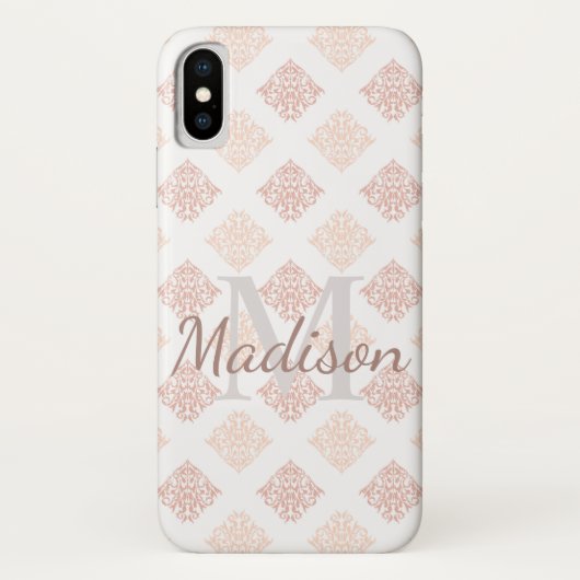 Pastel Damask Blush Pink Cute Initiaal Name Case-Mate iPhone Case (Achterkant)