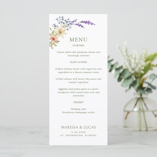 Pastel Delicate Wildflowers Wedding Menu (Staand voorkant)