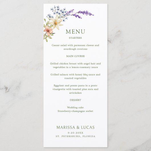Pastel Delicate Wildflowers Wedding Menu (Voorkant)