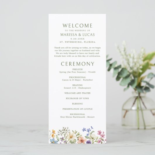 Pastel Delicate Wildflowers Wedding Program (Staand voorkant)