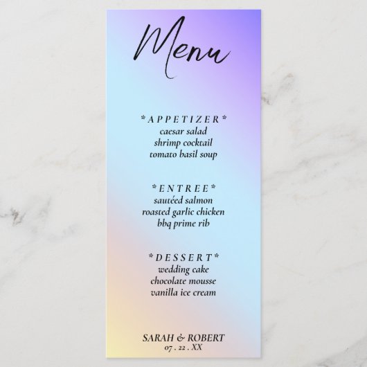 Pastel Diagonaal Ombre Regenboog Bruiloft Menu (Voorkant)
