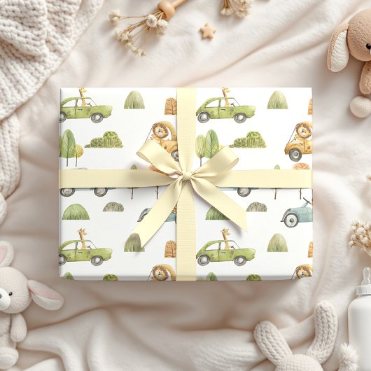 Pastel Dieren In Auto'S Baby Boy Neutraal Inpakpapier Vel