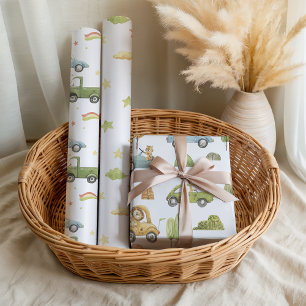 Pastel Dieren in Auto's Baby Jongen Neutraal Inpakpapier Vel