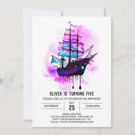 Pastel digitale golven piraat verjaardag kaart (Voorkant)