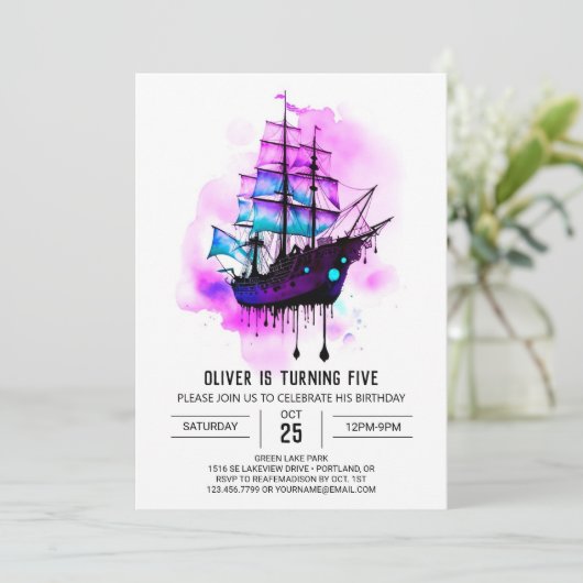 Pastel digitale golven piraat verjaardag kaart (Staand voorkant)