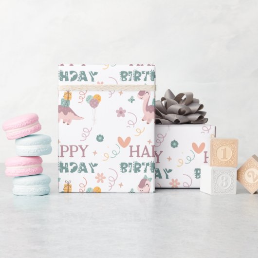 Pastel Dino Party Gift Gelukkige Verjaardag Cadeaupapier (Baby Shower)
