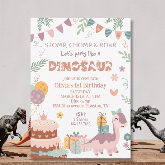 Pastel Dino Party Verjaardag Kaart
