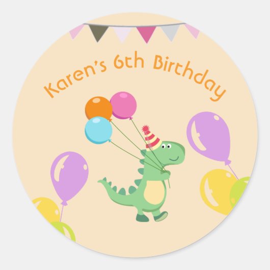 Pastel Dino Verjaardagsstickers Ronde Sticker (Voorkant)