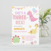Pastel Dinosaur 3e verjaardag Roze Drie Rex Dino Kaart (Staand voorkant)