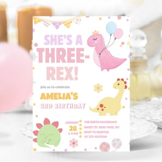 Pastel Dinosaur 3e verjaardag Roze Drie Rex Dino Kaart