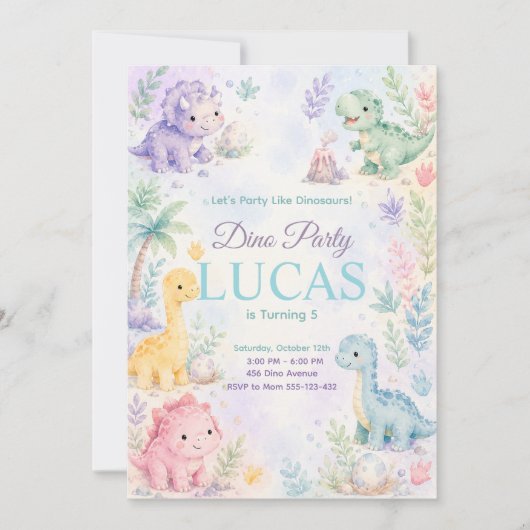 Pastel Dinosaur Birthday Invitation Editable Kaart (Voorkant)