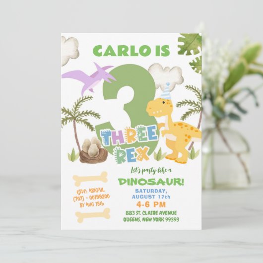 Pastel Dinosaur Boy Drie Rex Verjaardagsfeest Kaart (Staand voorkant)