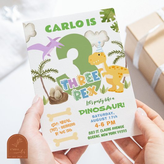 Pastel Dinosaur Boy Drie Rex Verjaardagsfeest Kaart