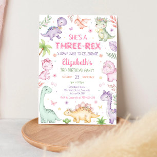 Pastel Dinosaur Drie Rex Meisje 3e Verjaardag Kaart