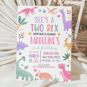 Pastel Dinosaurus 2e Verjaardag Uitnodiging Meisje