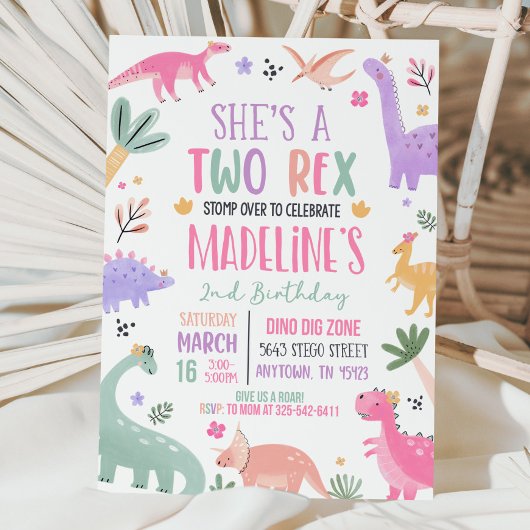 Pastel Dinosaurus 2e Verjaardag Uitnodiging Meisje
