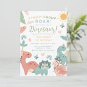 Pastel Dinosaurus Stomp Chomp Roar 1e verjaardag Kaart (Staand voorkant)