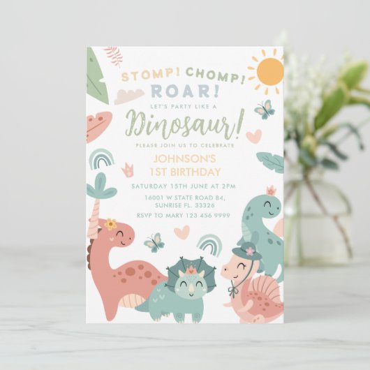 Pastel Dinosaurus Stomp Chomp Roar 1e verjaardag Kaart (Staand voorkant)