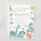 Pastel Dinosaurus Stomp Chomp Roar 1e verjaardag Kaart (Voorkant)