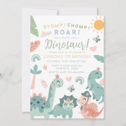 Pastel Dinosaurus Stomp Chomp Roar 1e verjaardag Kaart (Voorkant)