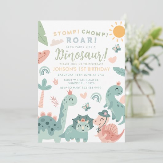 Pastel Dinosaurus Stomp Chomp Roar 1e verjaardag Kaart (Staand voorkant)