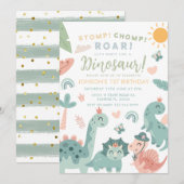 Pastel Dinosaurus Stomp Chomp Roar 1e verjaardag Kaart (Voorkant / Achterkant)