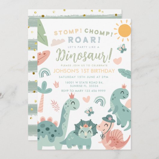 Pastel Dinosaurus Stomp Chomp Roar 1e verjaardag Kaart (Voorkant / Achterkant)
