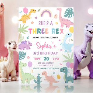 Pastel Dinosaurus Verjaardag Dino Meisje Drie Rex  Kaart