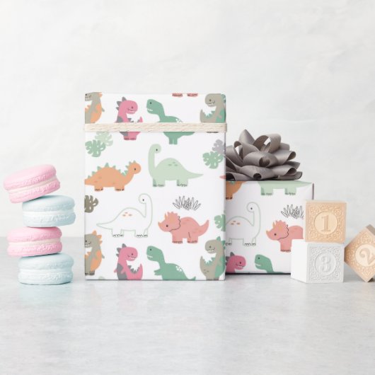 Pastel dinosaurussen op witte achtergrond cadeaupapier (Baby Shower)