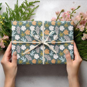 Pastel Donker Blauwgroen Lente Abstract Blad & Blo Cadeaupapier