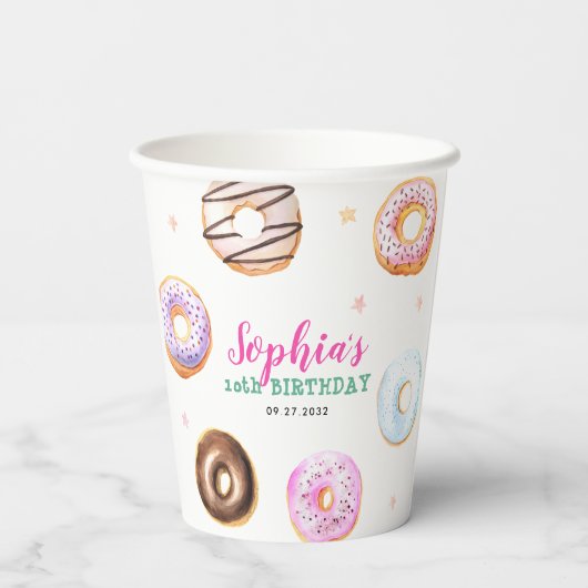 Pastel Donut Star Sprinkles Roze Script Verjaardag Papieren Bekers (Achterkant)