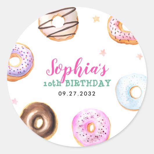 Pastel Donut Star Sprinkles Roze Script Verjaardag Ronde Sticker (Voorkant)