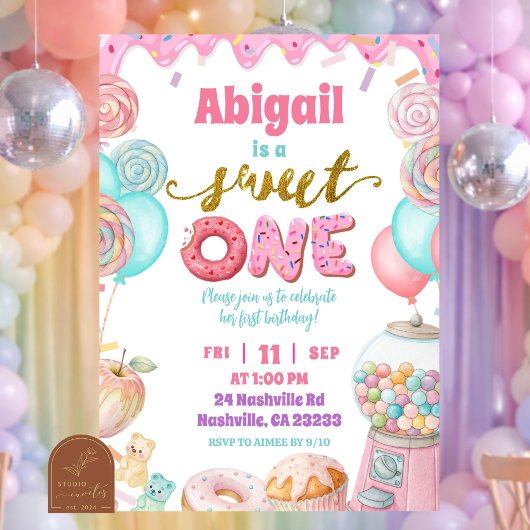 Pastel Donut SweetOne First Birthday party Invitat Kaart