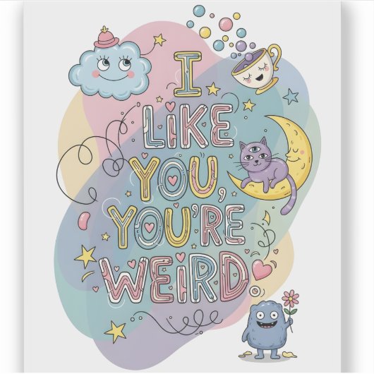 Pastel Doodle Whimsical Cat Monster Sticker (Voorkant)