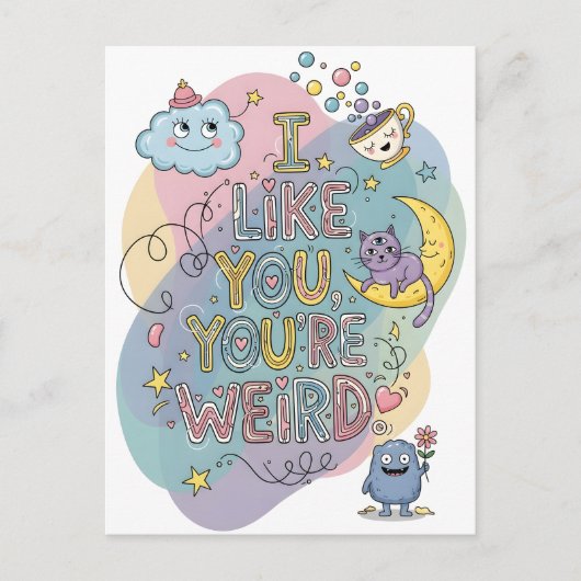 Pastel Doodle Whimsical Kat Monster Briefkaart (Voorkant)
