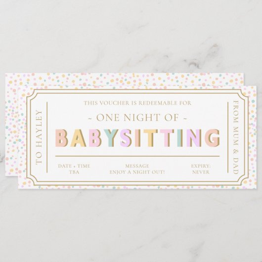 Pastel Dot Babysitten Cadeaubon Kaart (Voorkant / Achterkant)
